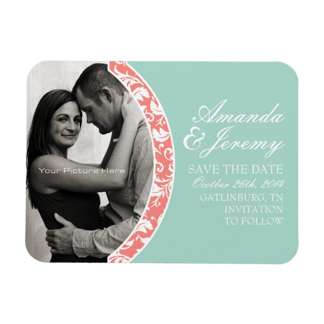 Coral and Mint Damask Photo Wedding Save The Date Magnet (Horizontal)