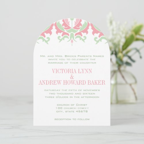 Pink and Green Damask Wedding Invitation