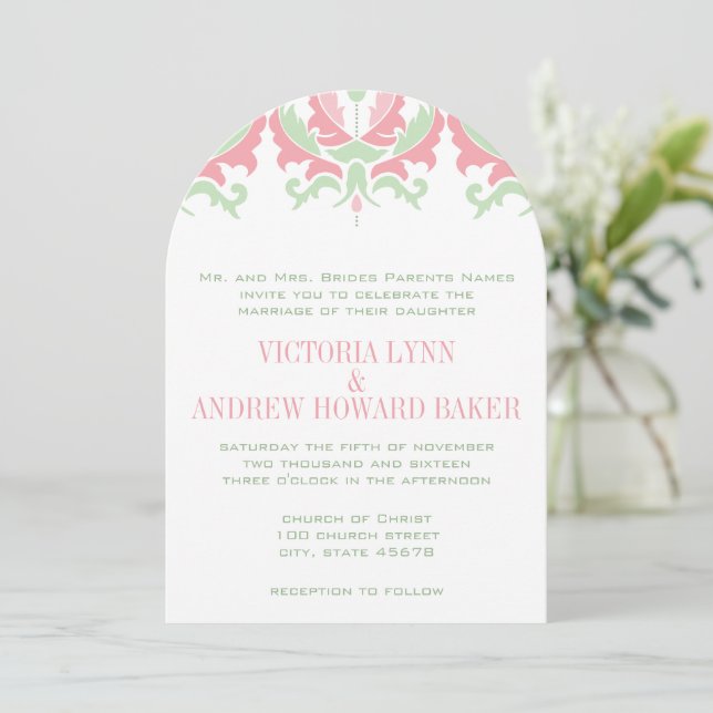 Coral and Mint Damask Wedding Invitation (Standing Front)