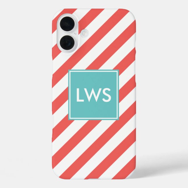 Coral and Mint Diagonal Stripes Monogram Case-Mate iPhone Case (Back)