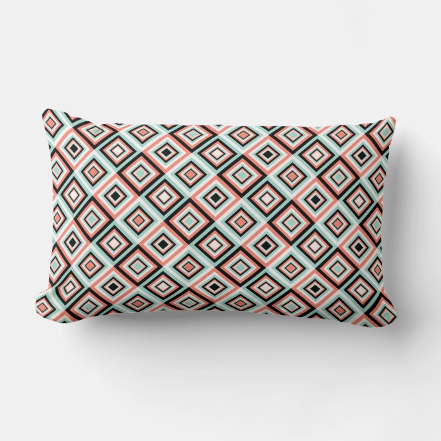 Coral and Mint Diamond Pattern Lumbar Pillow (Front)
