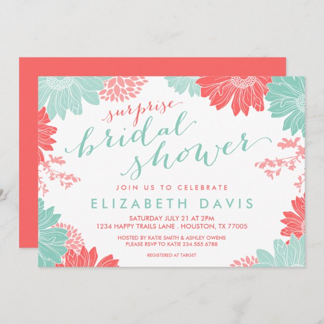 Coral and Mint Floral Surprise Bridal Shower Invitation (Front/Back)