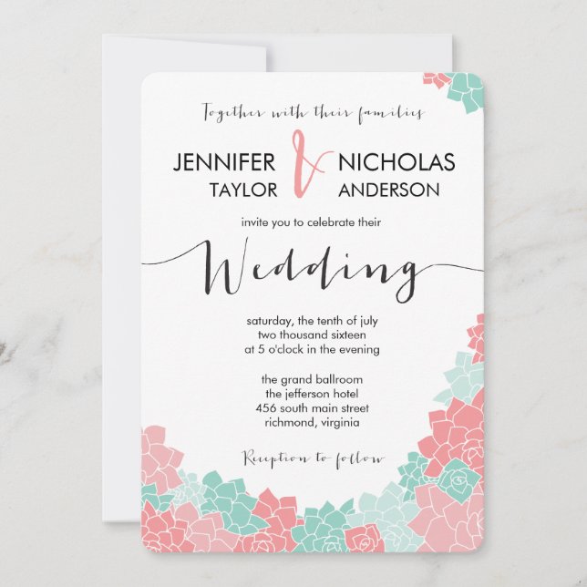Coral and Mint Flower Wedding Invitation (Front)