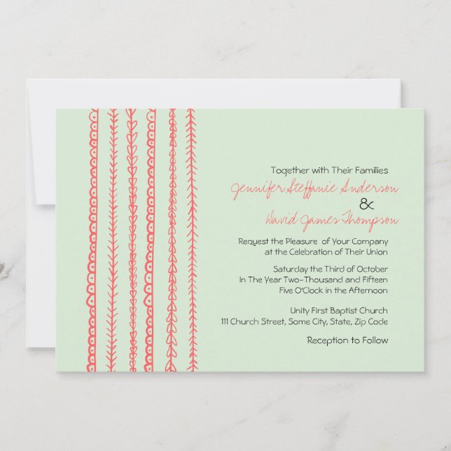 Coral and Mint Fun Doodles Wedding Invitations (Front)