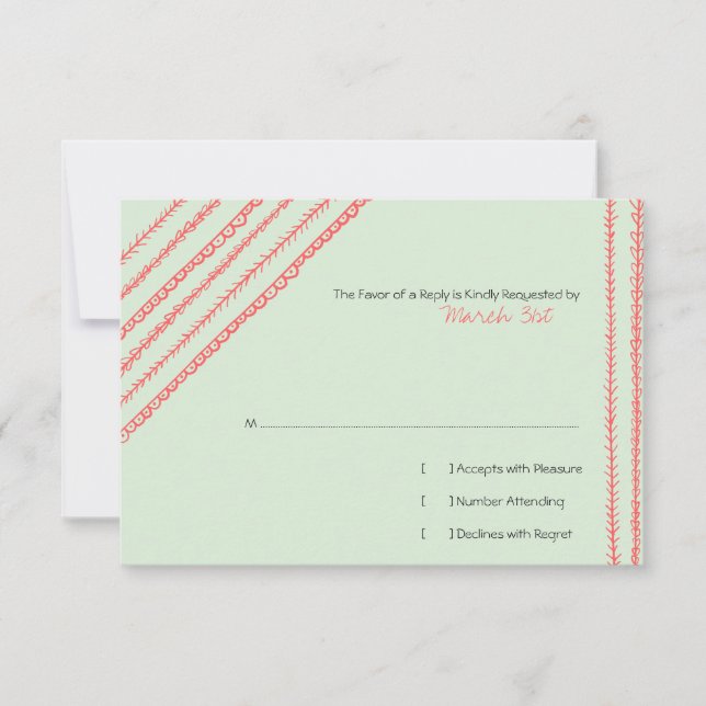 Coral and Mint Fun Doodles Wedding RSVP Card (Front)