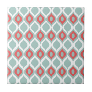 Coral and Mint Geometric Ikat Tribal Print Pattern Ceramic Tile