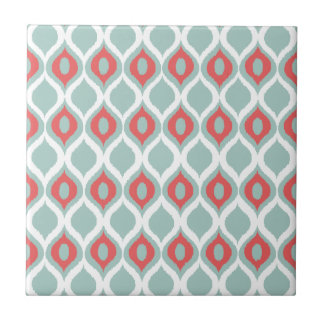 Coral and Mint Geometric Ikat Tribal Print Pattern Ceramic Tile