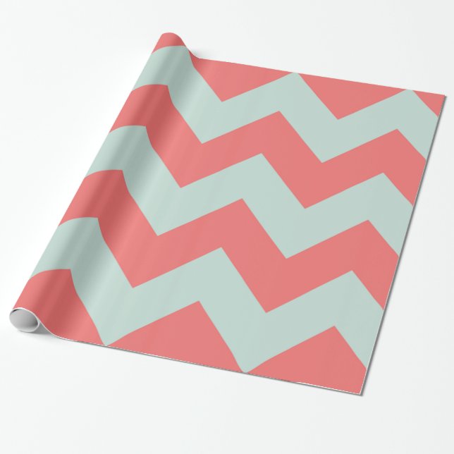 Coral and Mint Green Chevron Wrapping Paper (Unrolled)