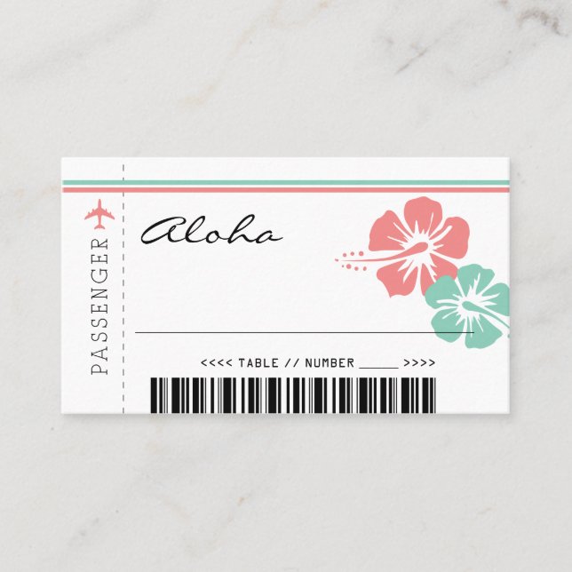 Coral and Mint Green Hibiscus Flowers Seating Card (Front)