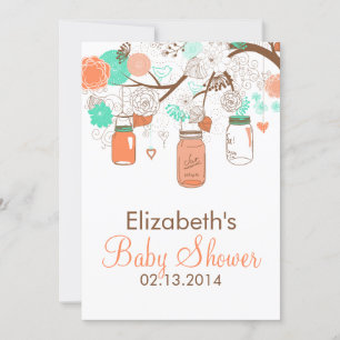 Coral and Mint Hanging Mason Jars Baby Shower Invitation