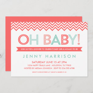 Coral and Mint Modern Chevron Baby Shower Invitation