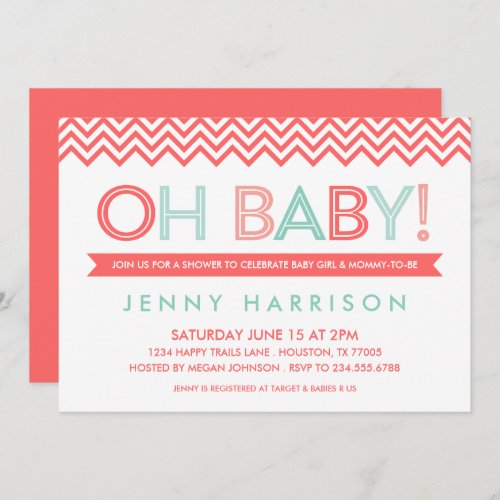 Coral and Mint Modern Chevron Baby Shower Invitation