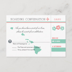 Coral and Mint OAHU Wedding RSVP Boarding Pass