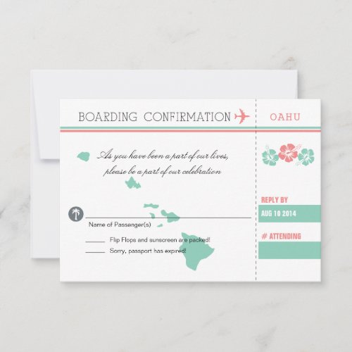 Coral and Mint OAHU Wedding RSVP Boarding Pass