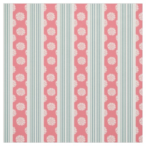 Coral and Mint Peonies and Stripes Fabric