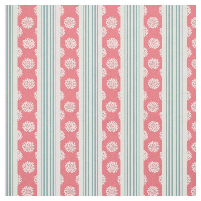 Coral and Mint Peonies and Stripes Fabric (Swatch)