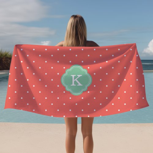 Coral And Mint Polka Dots Monogrammed Beach Towel