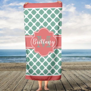 Coral and Mint Quatrefoil Monogram Bath Towel
