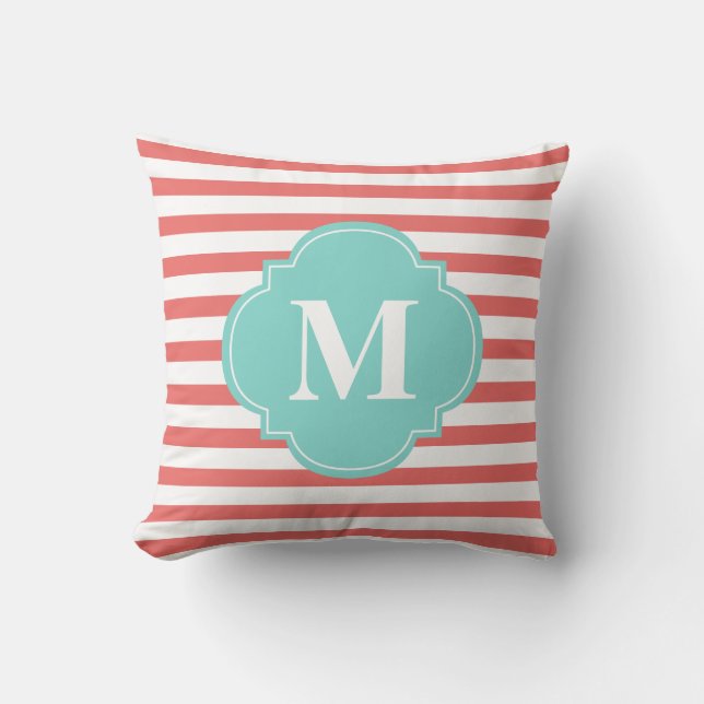 Coral and Mint Stripes Monogram Throw Pillow (Front)