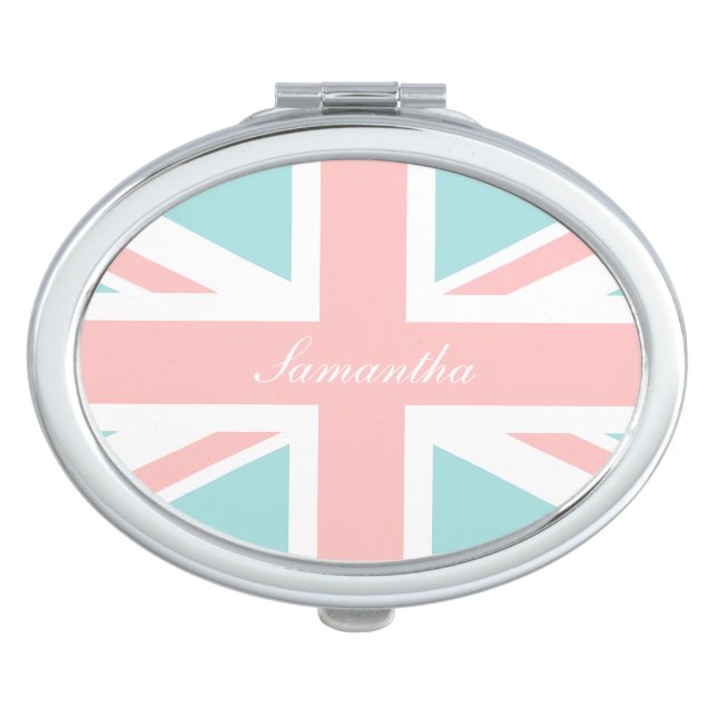 Coral and Mint Union Jack Flag Personalized Makeup Mirror (Front)