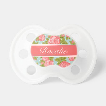 Coral And Mint Vintage Roses Monogram Pacifier