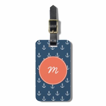 Coral and Navy Anchors Circle Monogram Luggage Tag Coral and Navy Anchors Circle Monogram Luggage Tag