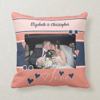 Coral and navy anniversary with photo throw pillow