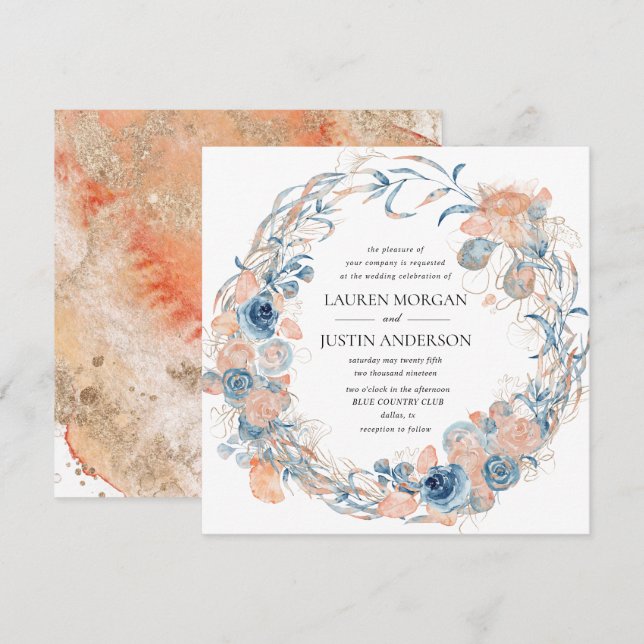 coral and navy beach summer floral wedding invitation (Front/Back)