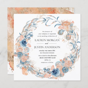 coral and navy beach summer floral wedding invitation