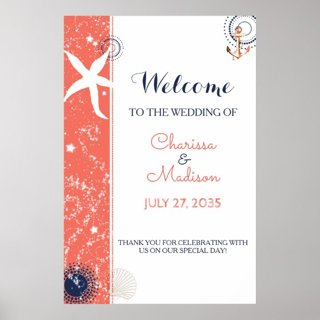 Coral and Navy Blue Beach Wedding Sign (Front)