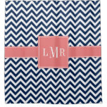 Coral And Navy Blue Chevrons Monogram Shower Curtain at Zazzle