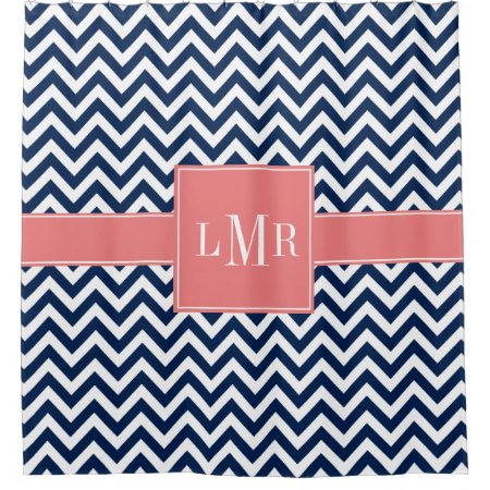 Coral And Navy Blue Chevrons Monogram Shower Curtain