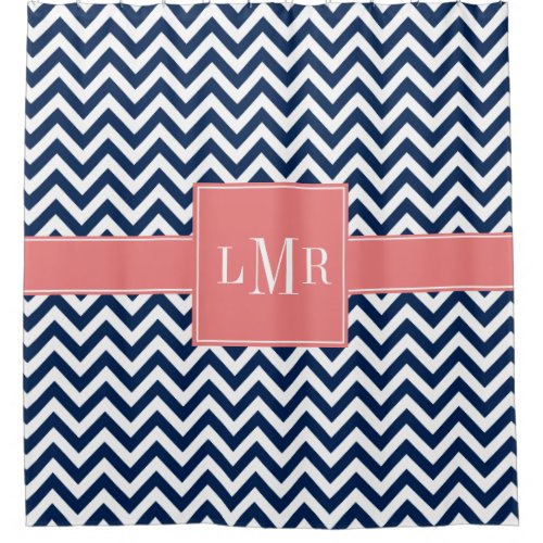 Coral and Navy Blue Chevrons Monogram Shower Curtain