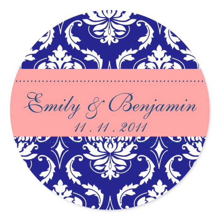Coral and Navy Blue Damask Wedding Stickers