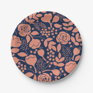 Coral and navy blue floral pattern paper plate