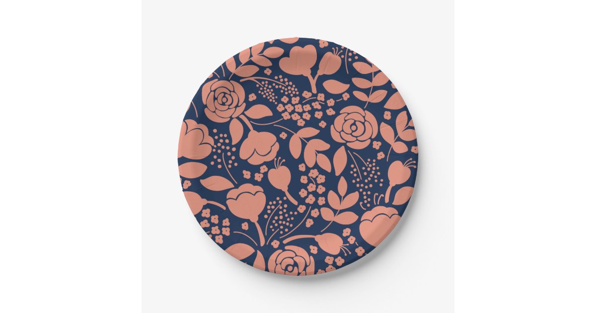 Coral and navy blue floral pattern paper plate | Zazzle