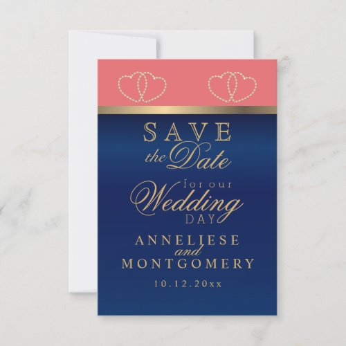Coral and Navy Blue Gold Hearts _ Save the Date