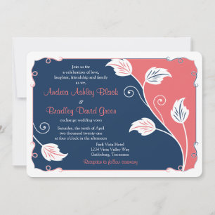 Coral and Navy Blue Leafy Vine Floral Wedding Invitation
