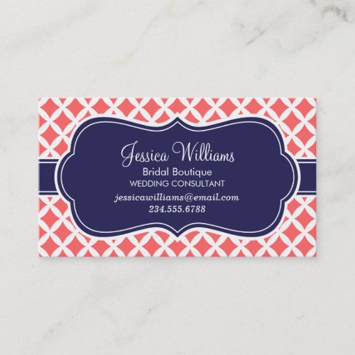 Coral and Navy Blue Modern Diamonds Business Cards