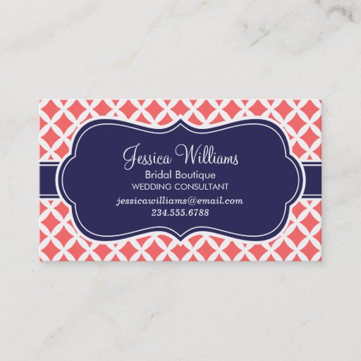 Customizable Coral and Navy Blue Modern Diamonds Business Cards