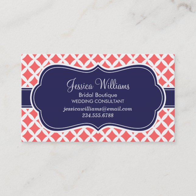 Coral and Navy Blue Modern Diamonds Business Card (Front)