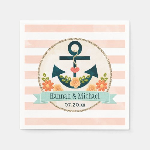 Coral and Navy Blue Nautical Anchor Wedding Paper Napkins