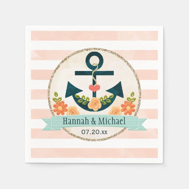 Coral and Navy Blue Nautical Anchor Wedding Paper Napkins (Front)
