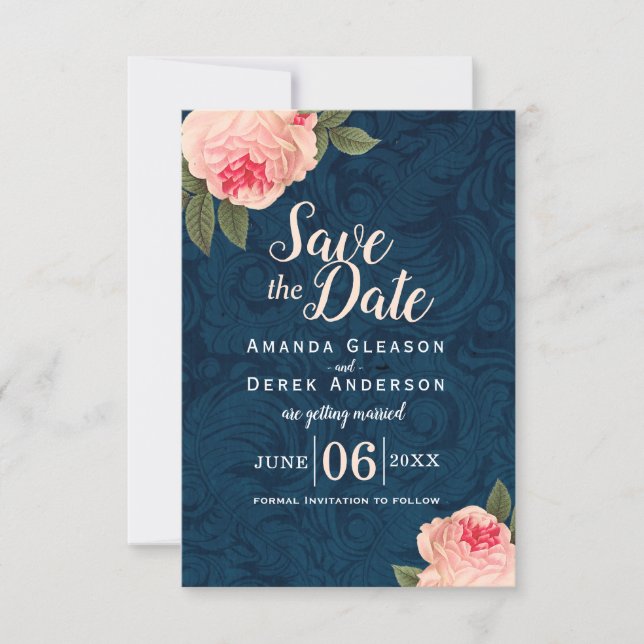 Coral and Navy Blue Shabby Chic Save the Date (Front)