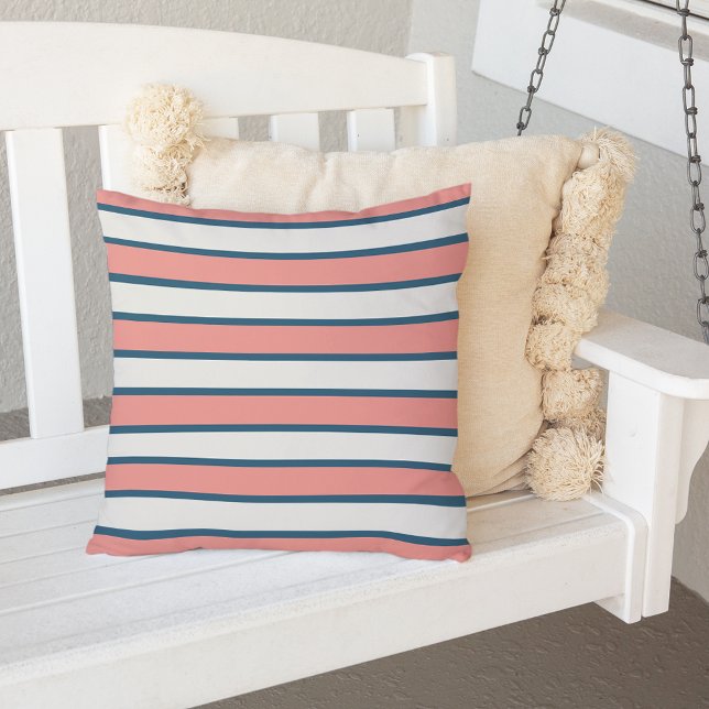 Coral and Navy Blue Summer Stripe Outdoor Outdoor Pillow (Creator Uploaded)