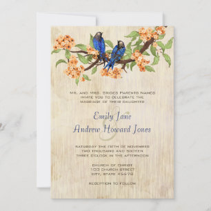 Coral and Navy Blue Vintage Love Birds Tea Stain Invitation