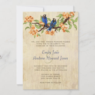 Coral and Navy Blue Vintage Love Birds Tea Stain Invitation