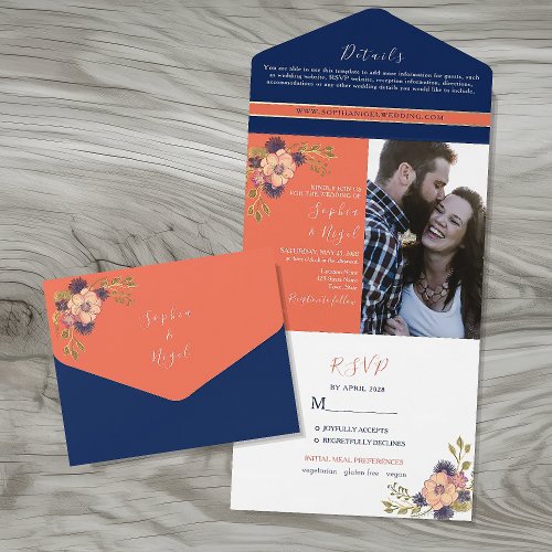 Coral and Navy Blue Wedding All In One Invitation