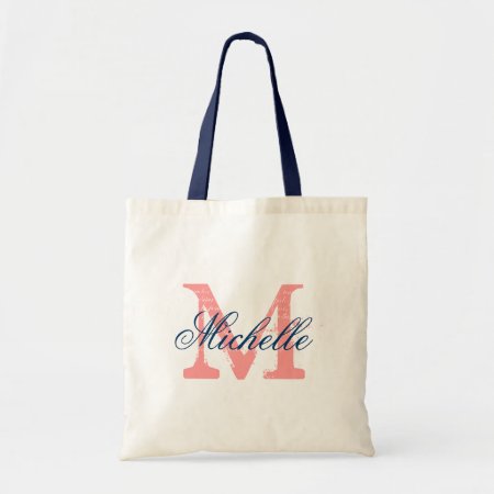 Coral And Navy Blue Wedding Tote Bag With Monogram
