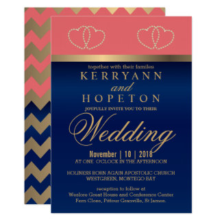 Coral and Navy Blue with Gold Hearts - Custom Invitation